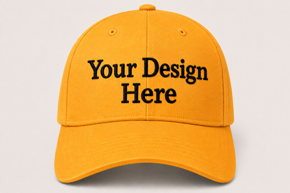 Golden yellow baseball cap customized with professional embroidery for businesses, clubs, and promotional apparel.