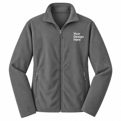 A dark gray zip-up fleece jacket with a mock neck collar, featuring two vertical zippered pockets on the front and white placeholder text on the left chest that reads 'Your Design Here'.

