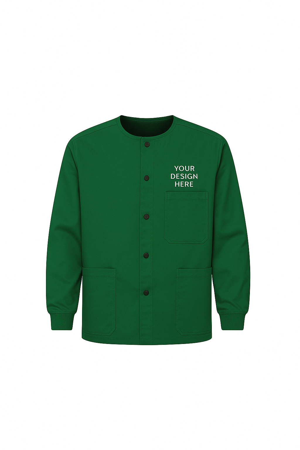 Green jacket with customizable text on a white background
Unisex full-sleeve scrub jacket with round neck, snap-button closure, ribbed cuffs, and full-color DTF printed chest logo.
