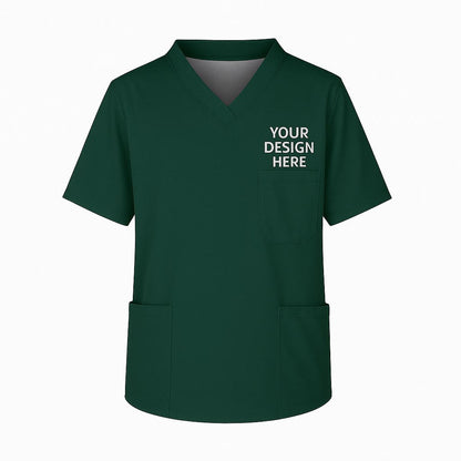 Green Short sleeve unisex scrub top featuring V-neck and left chest full-color DTF printed hospital or business logo. Designed for medical staff.