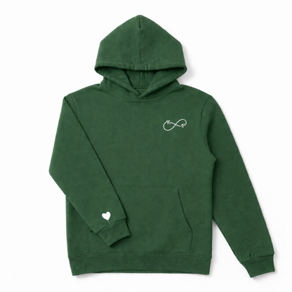 Green couples hoodie with white infinity embroidery and personalized initials, embroidered by Sharp Stitch in Niles IL, shipping to all U.S. states.