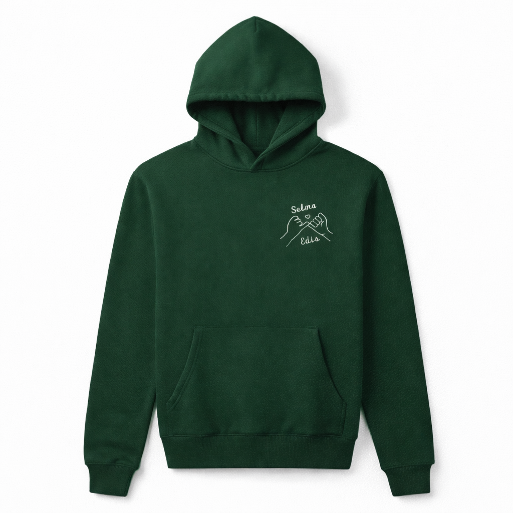 Green custom embroidered sweatshirt with two personalized names. Sharp Stitch custom embroidery and DTF printing services.