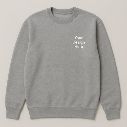 Gray sweatshirt with 'Your Design Here' text on a light gray background
Crewneck sweatshirt available in multiple colors, custom printed with your business logo using vibrant, durable full-color DTF printing.
