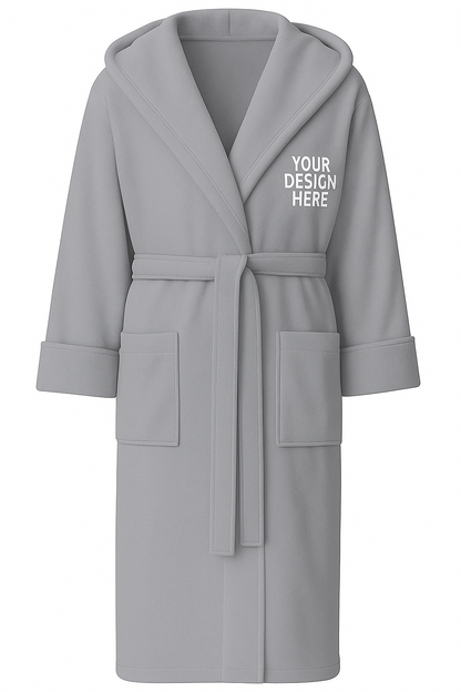 Gray robe with customizable text on a white background
Unisex plush fleece bathrobe with shawl collar, waist belt, and front pockets. Custom embroidered logo on chest. Perfect for spa, hotel, or lounge wear.
