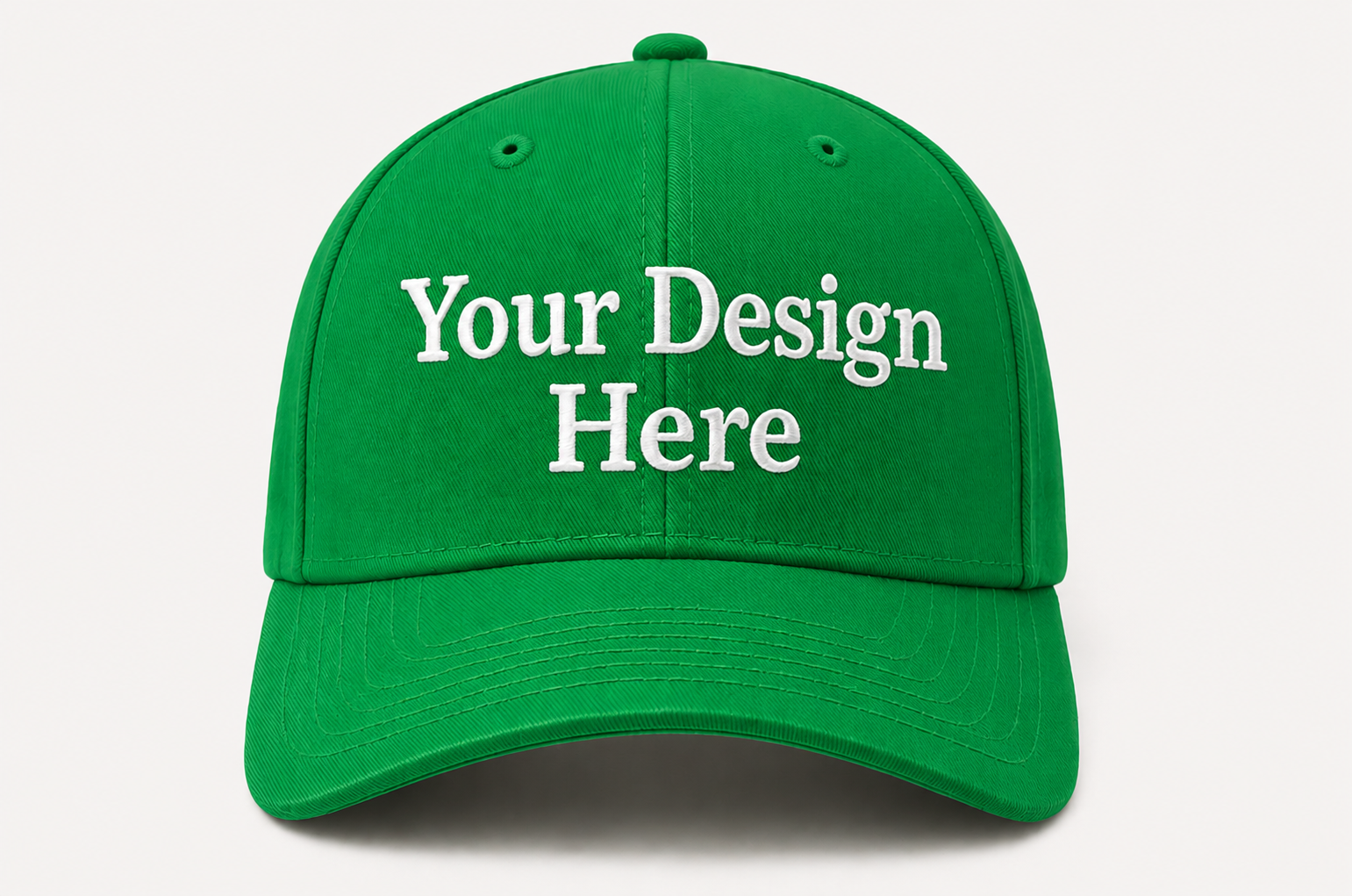 Vibrant kelly green baseball cap customized with embroidered logos for teams, businesses, and events.