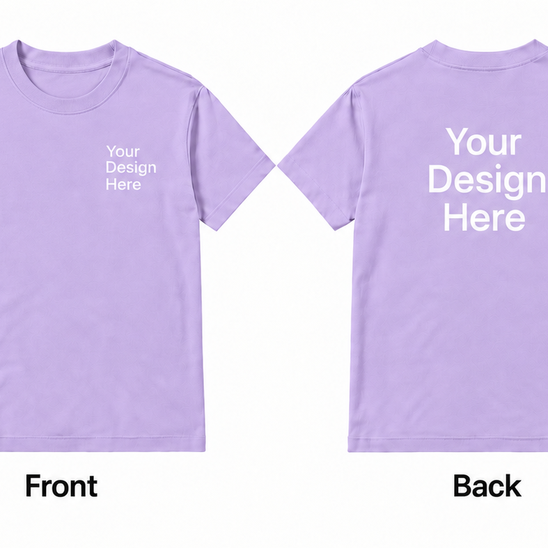 Purple custom heavy cotton T-shirt showing front and back logo design placement