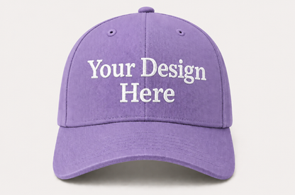 Soft lavender baseball cap featuring personalized embroidery for businesses, teams, and promotional apparel.