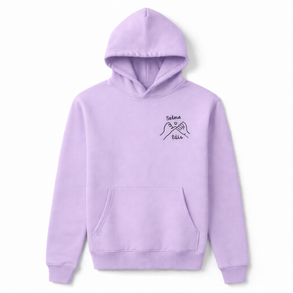 Lavender hoodie featuring embroidered pinky promise artwork and two custom names. Available with nationwide shipping.
