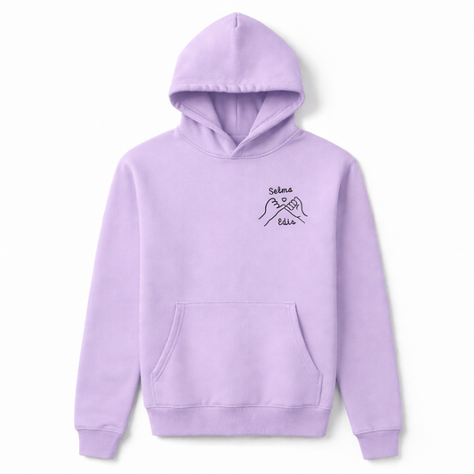 Lavender hoodie featuring embroidered pinky promise artwork and two custom names. Available with nationwide shipping.