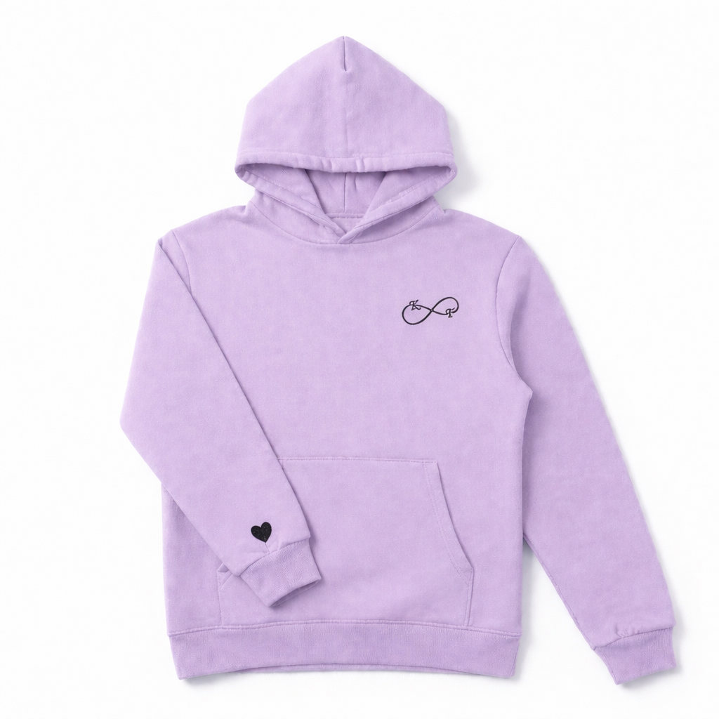 Lavender unisex hoodie with black embroidered infinity initials and heart detail, custom embroidery by Sharp Stitch serving Illinois and the entire USA.