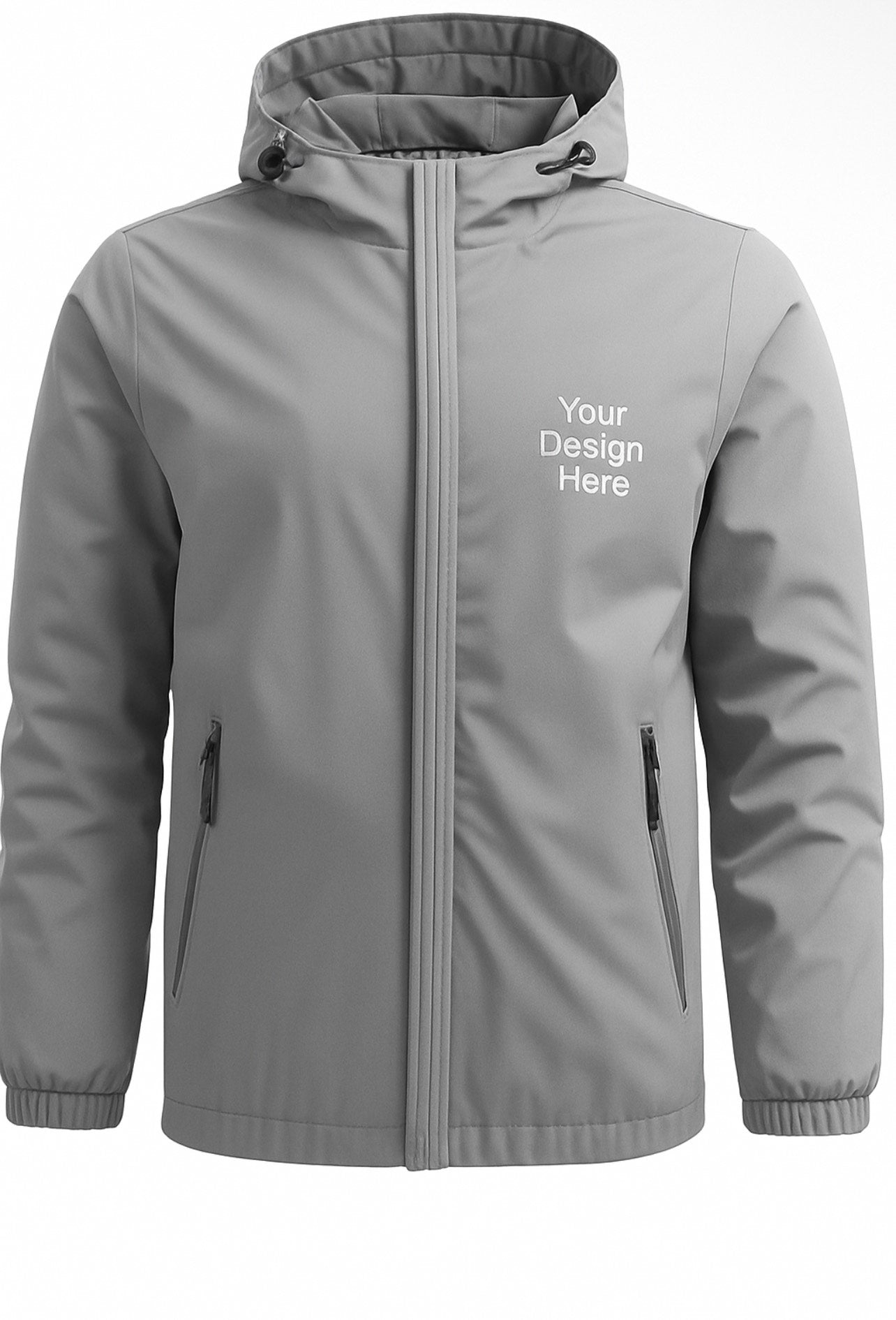 Light Grey Solid color hooded jacket with a full-color DTF printed logo on the left chest. Available from Sharp Stitch in Niles, IL, serving Chicago & shipping nationwide.