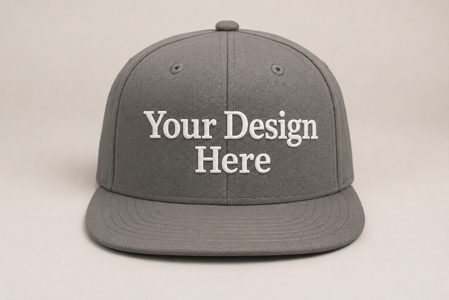 Light grey flat brim snapback customized with your logo for business branding and professional workwear.
