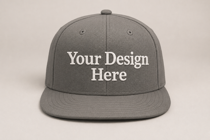 Light grey flat brim snapback customized with your logo for business branding and professional workwear.