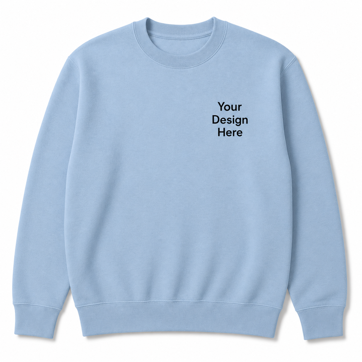 Light blue Gildan crewneck sweatshirt with a left chest customization area. Perfect for embroidered logos, company uniforms, promotional apparel, and personalized gifts.