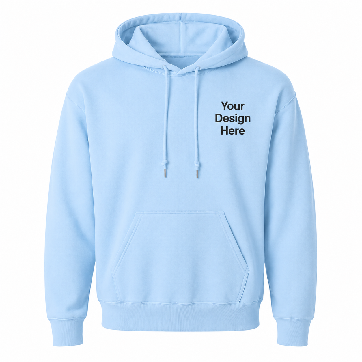 Soft light blue hoodie featuring customizable embroidery options for company logos, schools, organizations, and promotional apparel.