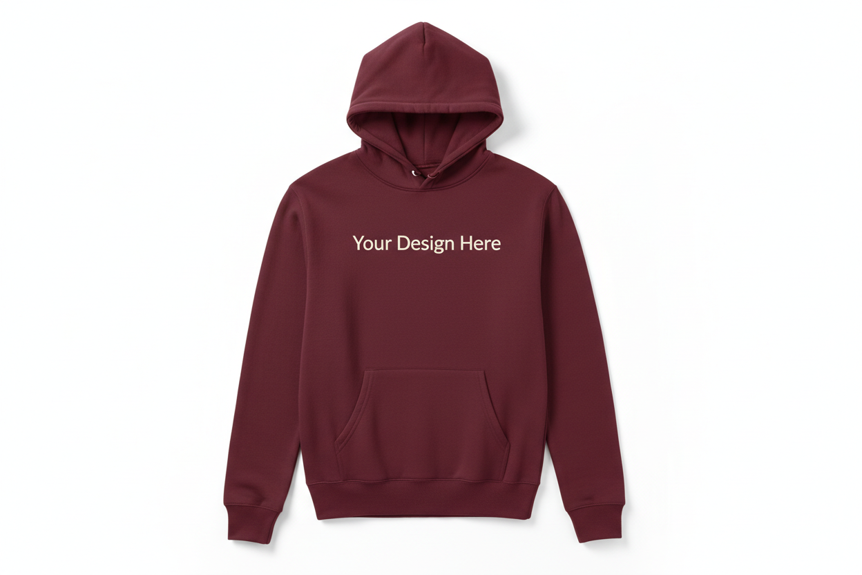 Maroon custom hoodie with “Your Design Here” centered on the chest, ideal for embroidery or DTF printing from Sharp Stitch in Niles and Chicago IL, perfect for business logos, team apparel, or personalized gift hoodies in the USA.