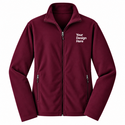 A maroon zip-up fleece jacket with a stand-up collar, two zippered hand pockets, and white placeholder text on the left chest reading 'Your Design Here'.

