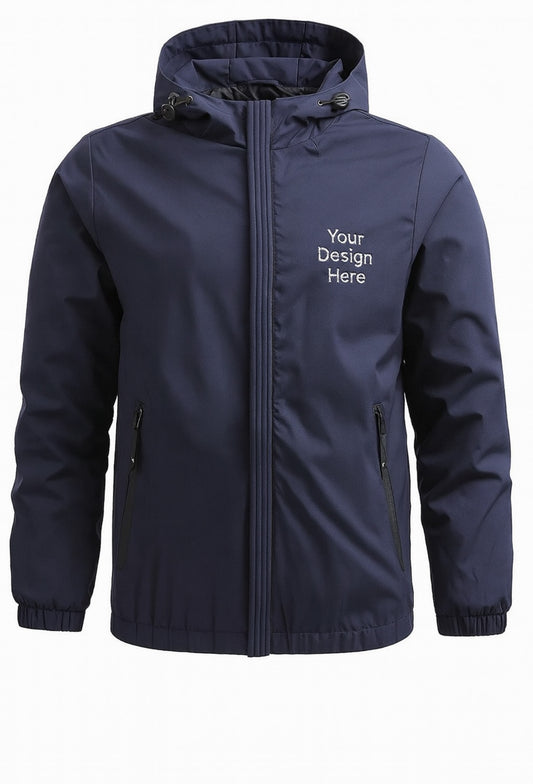 Navy Blue Solid color hooded jacket with a full-color DTF printed logo on the left chest. Available from Sharp Stitch in Niles, IL, serving Chicago & shipping nationwide.