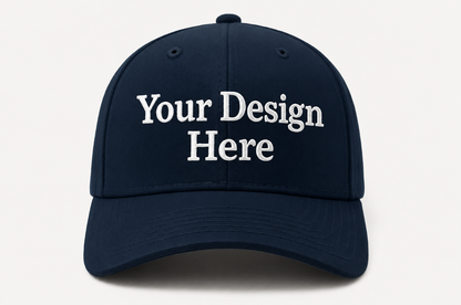 Navy blue embroidered baseball cap customized with your logo for businesses, sports teams, and company uniforms.