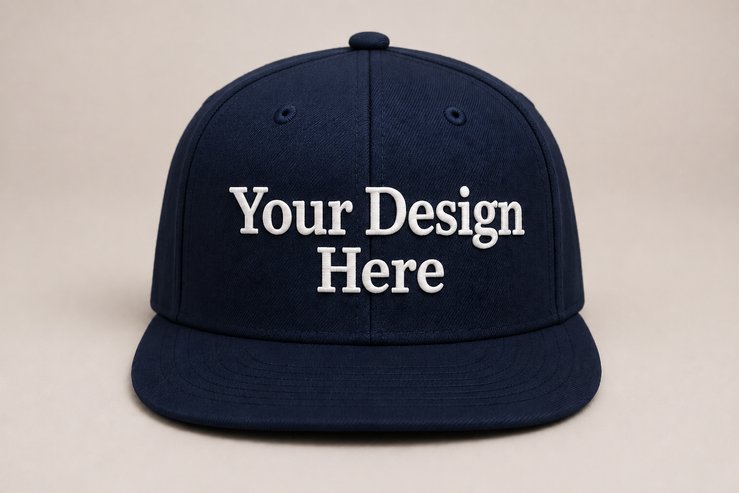 Navy snapback featuring premium embroidered logos for corporate apparel, teams, and promotional branding.