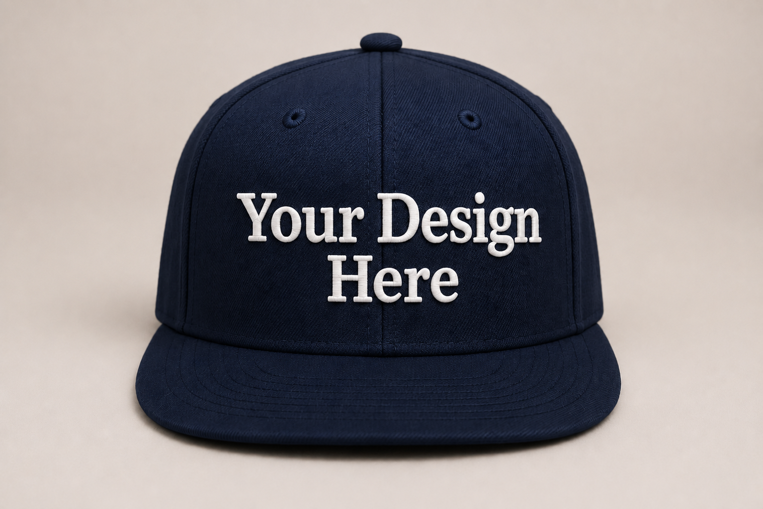 Navy snapback featuring premium embroidered logos for corporate apparel, teams, and promotional branding.