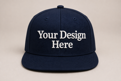 Navy snapback featuring premium embroidered logos for corporate apparel, teams, and promotional branding.