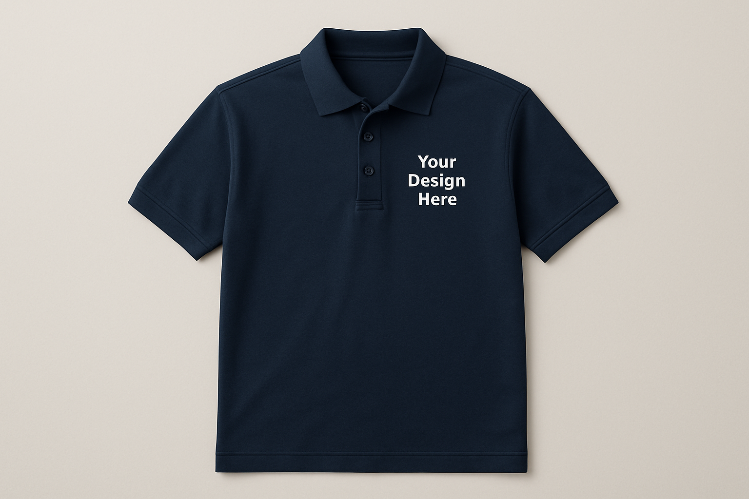 Navy blue polo shirt with 'Your Design Here' text on a beige background

Short sleeve unisex polo shirt with embroidered left chest company logo. Available in multiple colors and sizes from Sharp Stitch in Niles, IL.