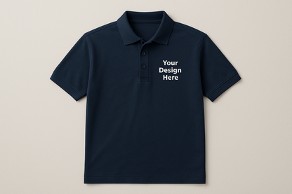 Navy blue polo shirt with 'Your Design Here' text on a beige background

Short sleeve unisex polo shirt with embroidered left chest company logo. Available in multiple colors and sizes from Sharp Stitch in Niles, IL.