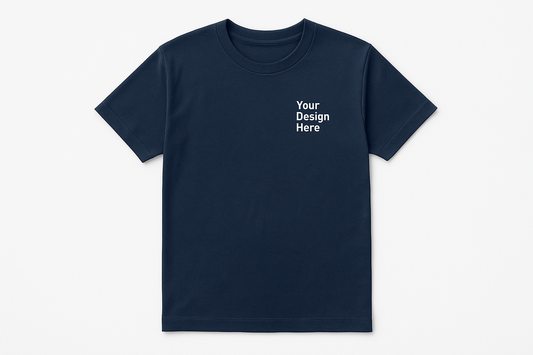 Navy blue t-shirt with 'Your Design Here' text on a white background
Unisex short sleeve t-shirt featuring a crew neck and full-color DTF printed company or event logo. Available in multiple sizes and colors.
