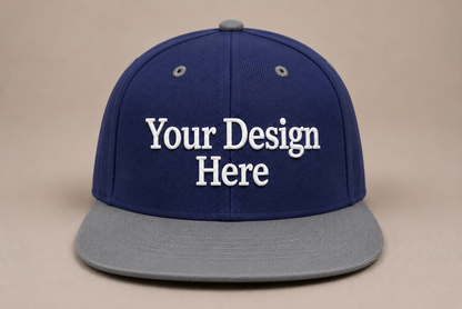 Two-tone navy and grey snapback featuring professional custom embroidery and modern styling.