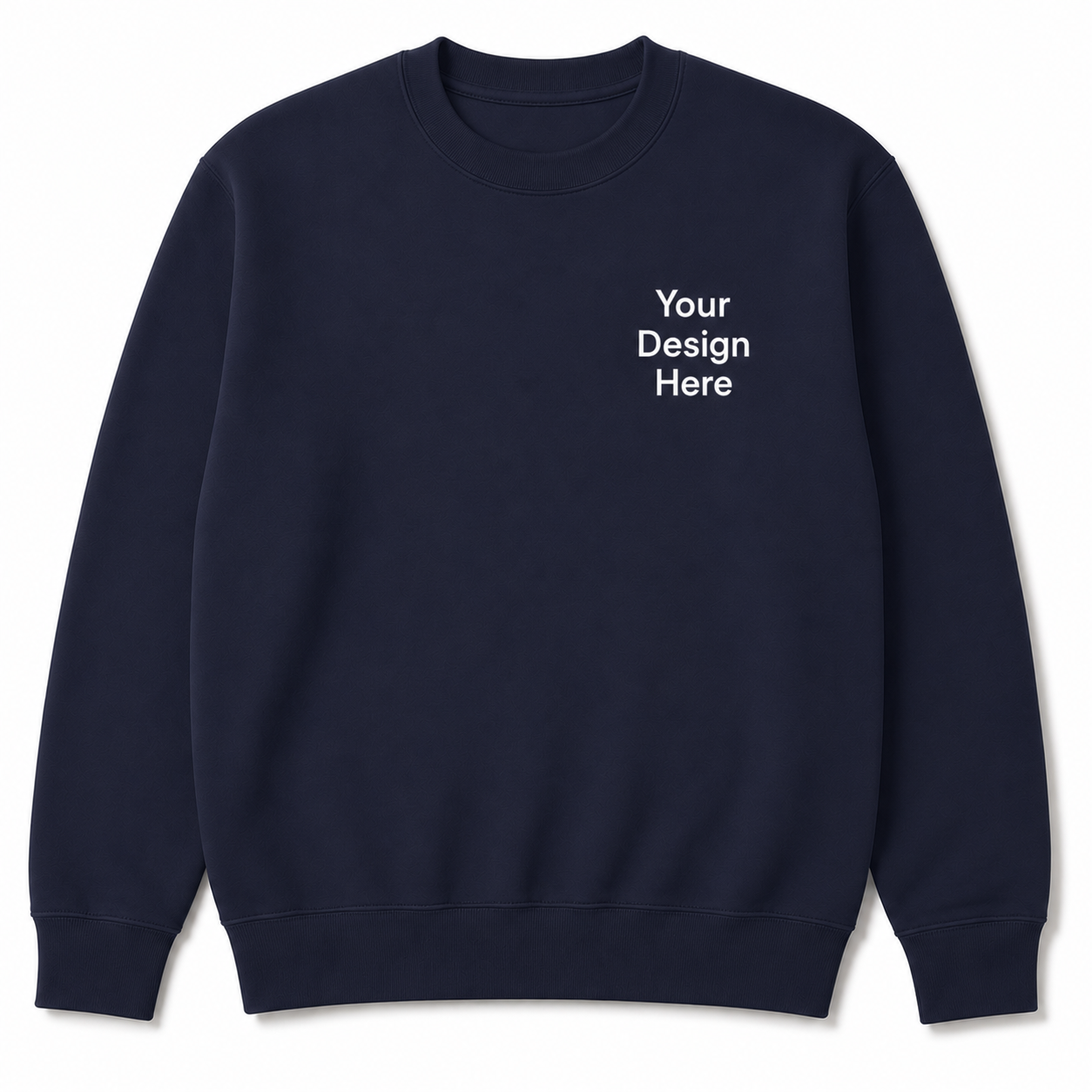 Navy blue Gildan crewneck sweatshirt with a left chest design placeholder. Designed for custom logo embroidery, team apparel, business branding, and personalized clothing.