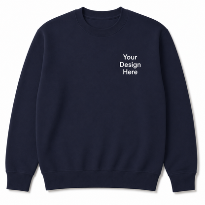 Navy blue Gildan crewneck sweatshirt with a left chest design placeholder. Designed for custom logo embroidery, team apparel, business branding, and personalized clothing.