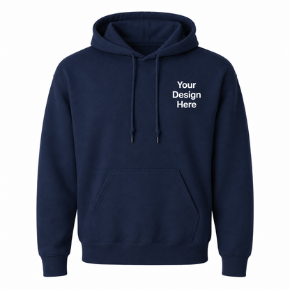 Professional navy hoodie designed for custom embroidery. Ideal for corporate uniforms, employee apparel, contractors, schools, and branded clothing.