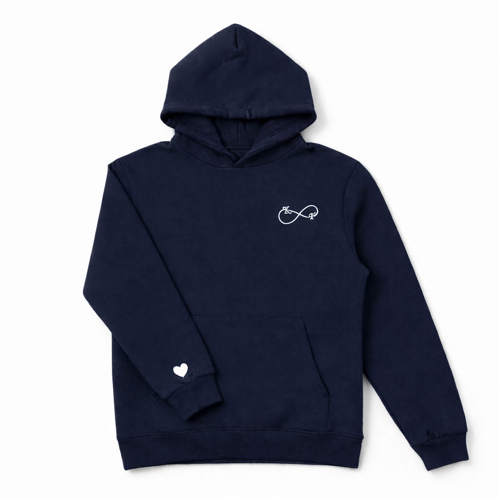 Navy blue hoodie with white embroidered infinity symbol and sleeve heart, custom embroidery service by Sharp Stitch, Chicago area and all 50 states.