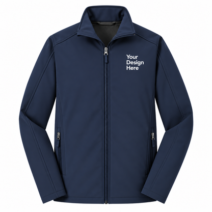 A navy blue zip-up jacket with a stand collar, featuring white placeholder text on the left chest that reads 'Your Design Here' and two zippered pockets on the sides, shown against a plain white background.

