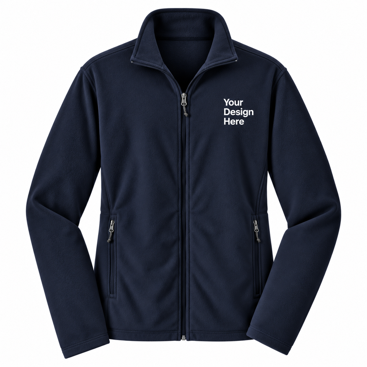 A navy blue zip-up fleece jacket with a mock neck collar, shown on a plain white background. The left chest features white placeholder text reading 'Your Design Here' indicating a customizable print area.

