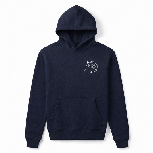 Navy custom couples hoodie with pinky promise chest embroidery. Ideal for gifts, matching outfits, and bulk custom apparel orders.
