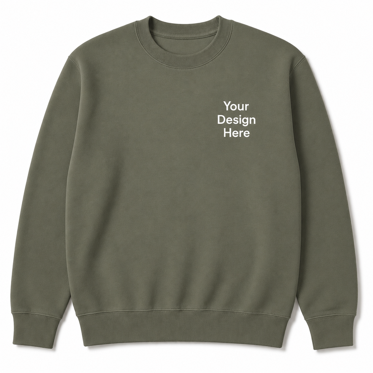 Olive green crewneck sweatshirt featuring a left chest embroidery area. Great for premium embroidered apparel, workwear, outdoor brands, and personalized clothing.