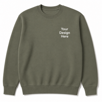 Olive green crewneck sweatshirt featuring a left chest embroidery area. Great for premium embroidered apparel, workwear, outdoor brands, and personalized clothing.