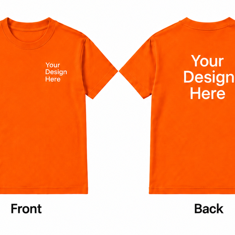 Orange custom heavy cotton T-shirt showing front and back logo design placement