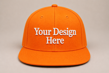 Bright orange snapback customized with professional embroidery, ideal for outdoor brands and visibility.