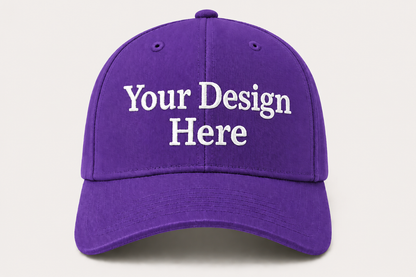 Deep purple baseball cap customized with embroidered logos for organizations, schools, and businesses.