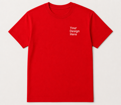 Red Gildan 5000 Heavy Cotton custom apparel shirt with embroidery and DTF printing in Chicago, IL