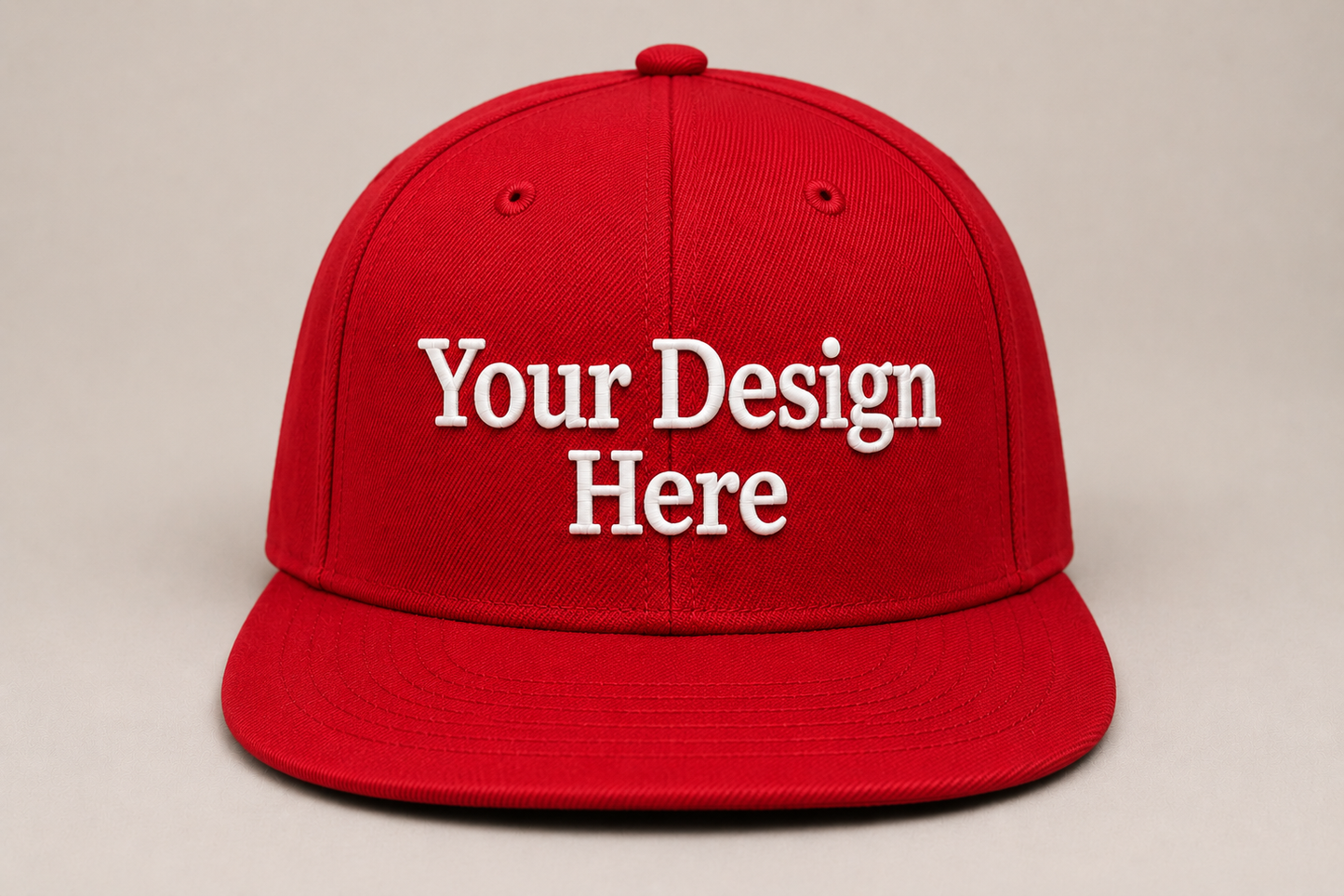 Bold red flat bill snapback embroidered with your logo for promotions, staff uniforms, and events.