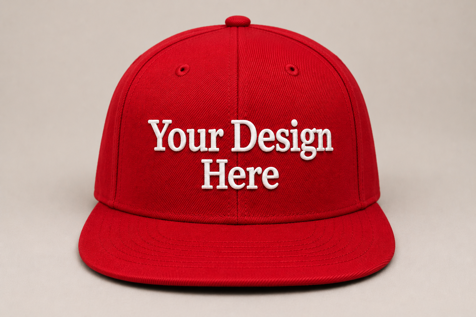 Bold red flat bill snapback embroidered with your logo for promotions, staff uniforms, and events.