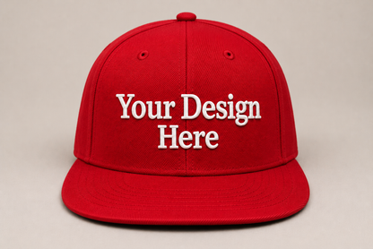 Bold red flat bill snapback embroidered with your logo for promotions, staff uniforms, and events.