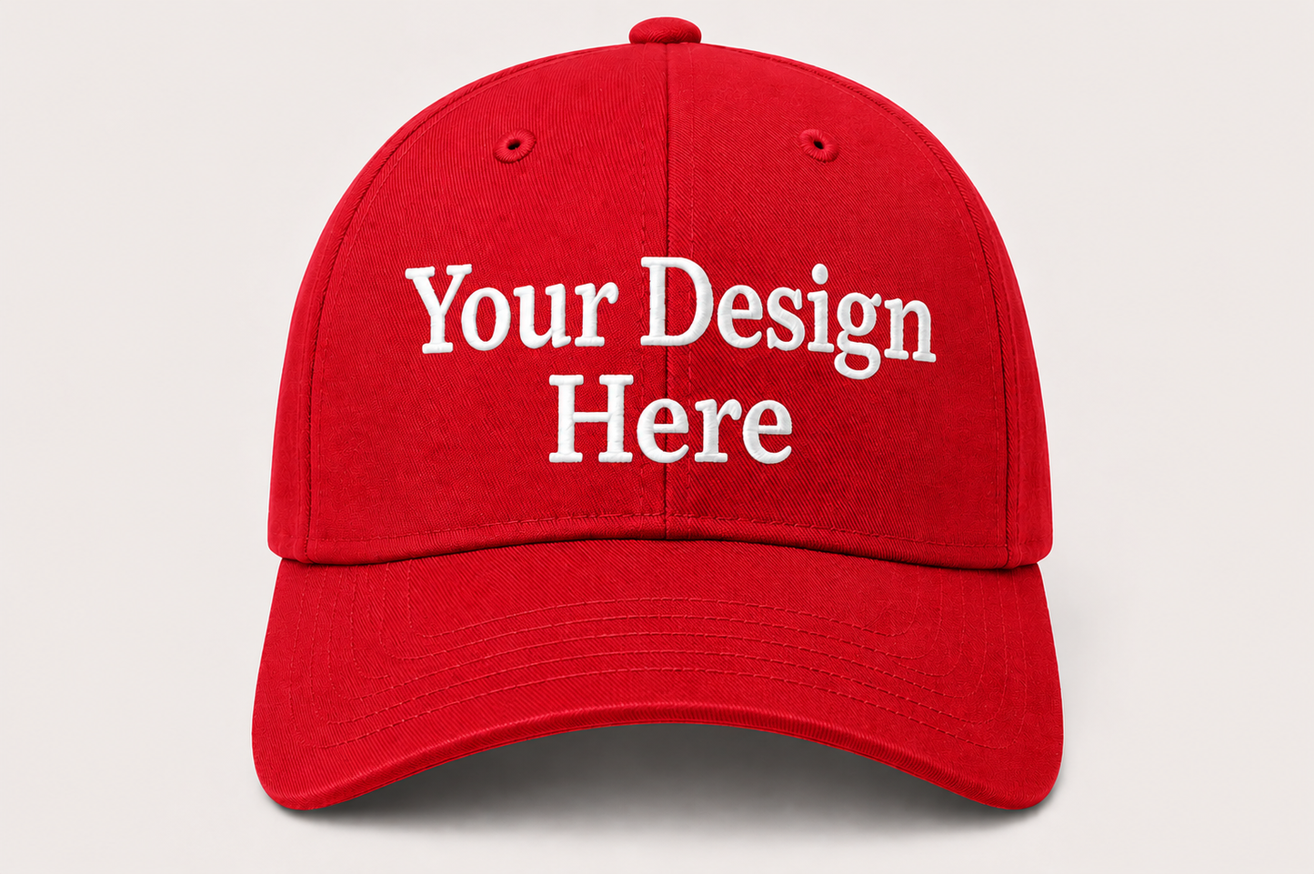 Bright red baseball cap featuring premium custom embroidery for promotions, staff uniforms, and events.