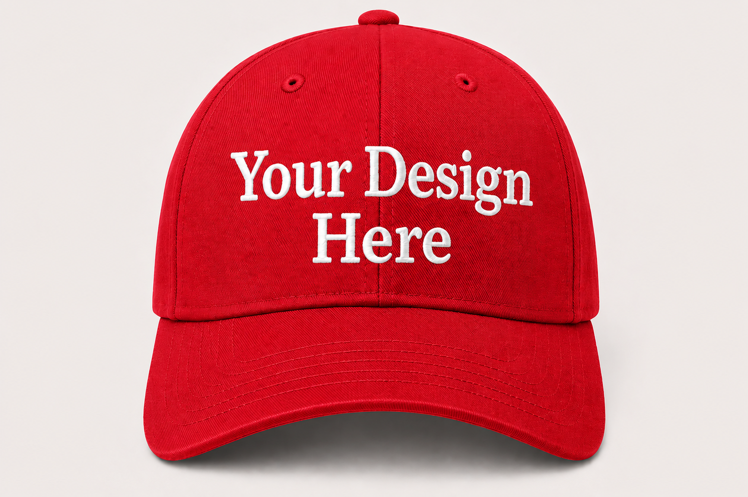 Bright red baseball cap featuring premium custom embroidery for promotions, staff uniforms, and events.