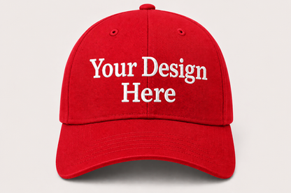 Bright red baseball cap featuring premium custom embroidery for promotions, staff uniforms, and events.