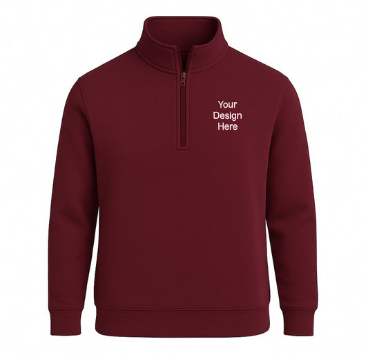 Maroon half-zip sweatshirt with customizable text on a white background
Unisex fleece 1/4-zip sweatshirt with left chest business logo embroidery. Available in multiple colors from Sharp Stitch in Niles, IL.
